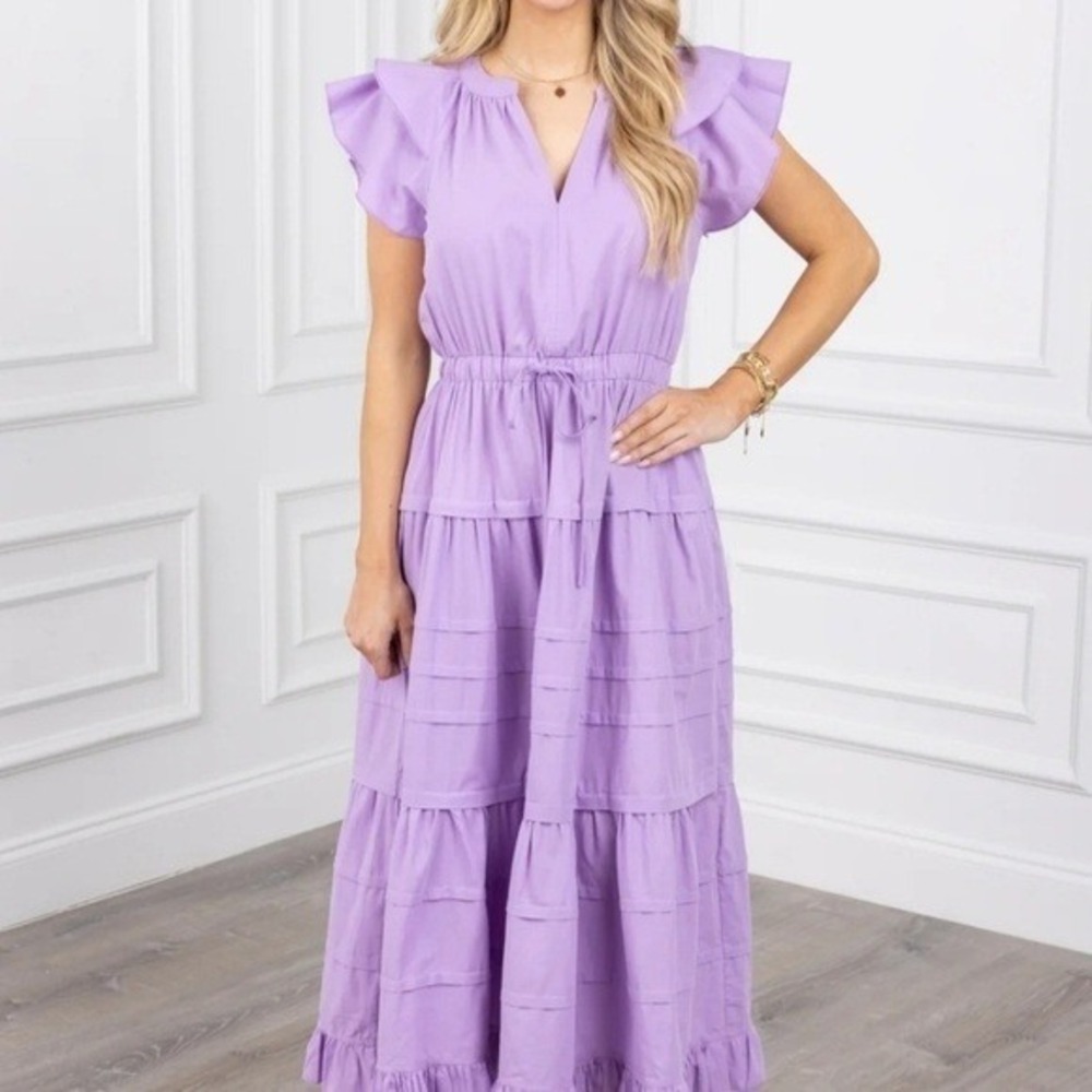 Pinch Womens Purple Cotton Flutter Sleeve Tiered Midi Dress Medium Lavender